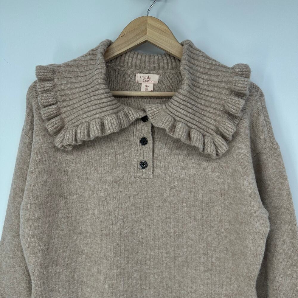 Camila Coelho Sweater Dress Peter Pan Collar Ruffle Chunky Knit Revolve Mini Tan - Picture 3 of 10